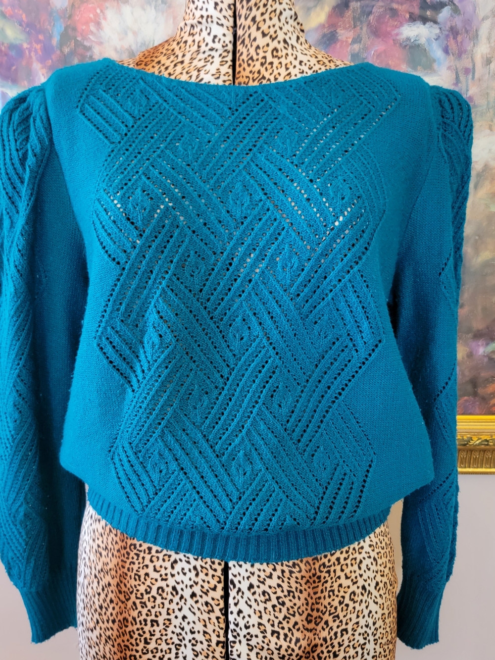 Vintage 80s Teal Blue Pointelle Knit Puff Sleeve Scoop-Neck Sweater